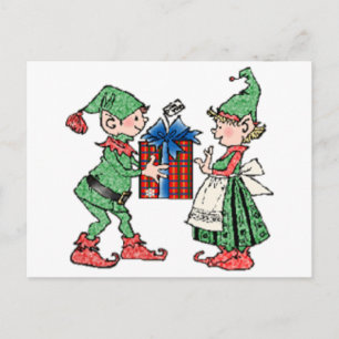 Vintage Christmas Elves Gift Giving Holiday Postcard