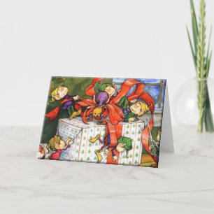 Vintage Christmas Elves Gift Wrapping Holiday Card