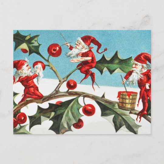 Vintage Christmas Elves Holly Holiday Postcard 9895