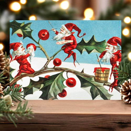 Vintage Christmas Elves Holly Holiday Postcard