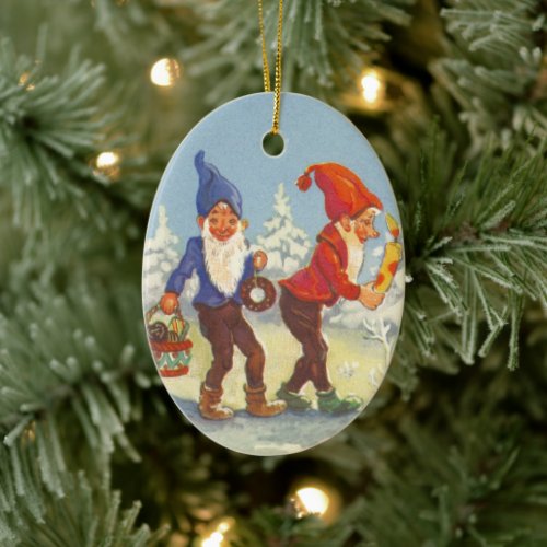 Vintage Christmas Elves in the Snow Forest Winter Ceramic Ornament