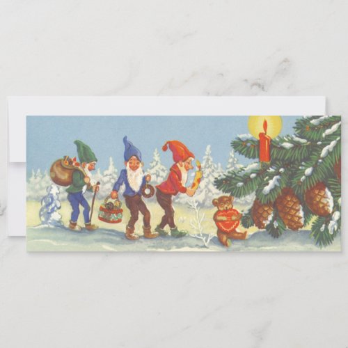 Vintage Christmas Elves in the Snow Forest Winter Holiday Card