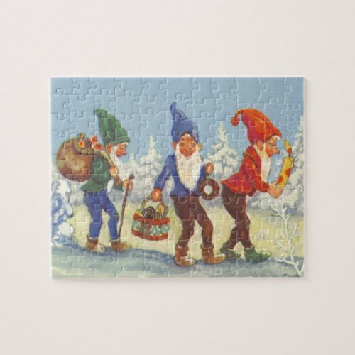 Vintage Christmas Elves in the Snow Forest Winter Jigsaw Puzzle