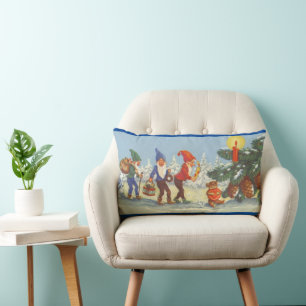 Vintage Christmas, Elves in the Snow Forest Winter Lumbar Pillow
