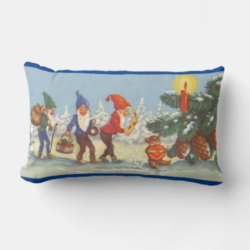 Vintage Christmas Elves in the Snow Forest Winter Lumbar Pillow