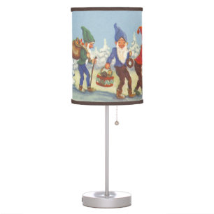 Vintage Christmas, Elves in the Snow Forest Winter Table Lamp