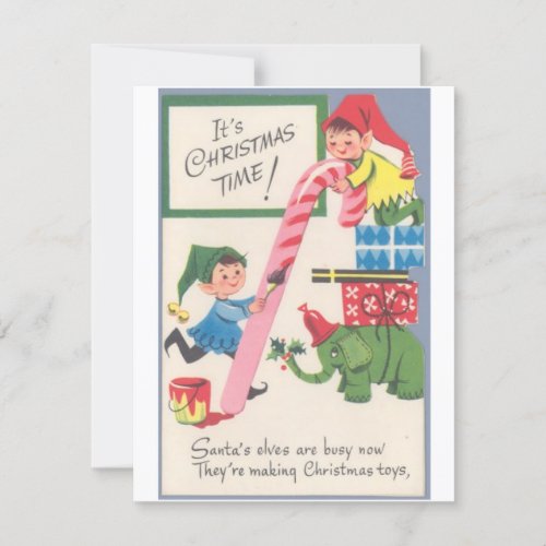 Vintage Christmas Elves Making Toys Holiday Card