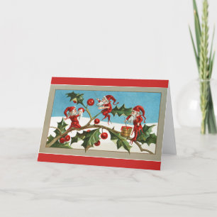 Vintage - Christmas Elves Painting Holly Berries, Holiday Card