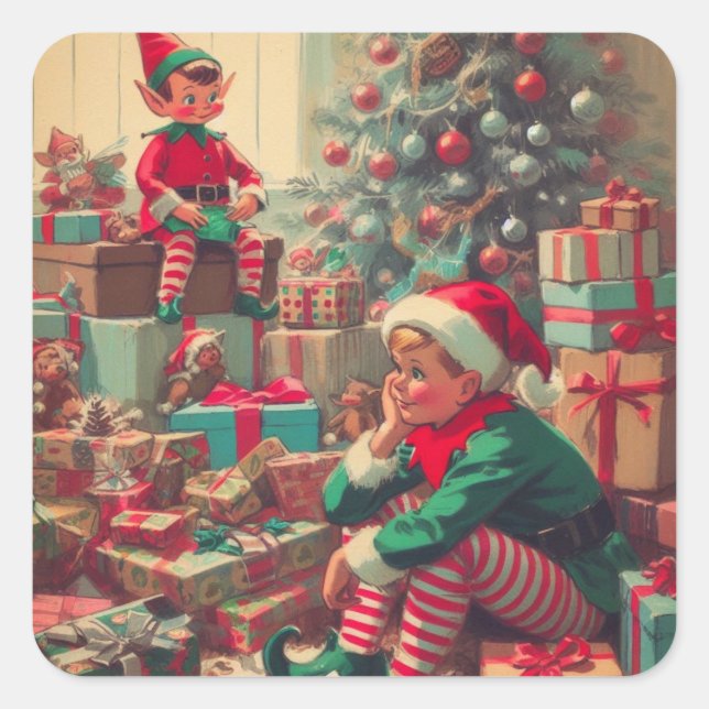 Vintage Christmas Elves Retro Holiday Square Sticker (Front)