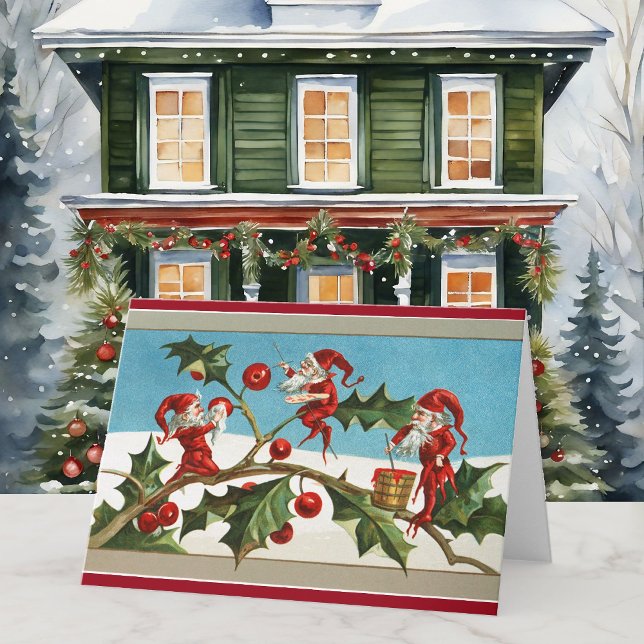 Vintage Christmas Elves X 3 Personalize Message Card (Creator Uploaded)