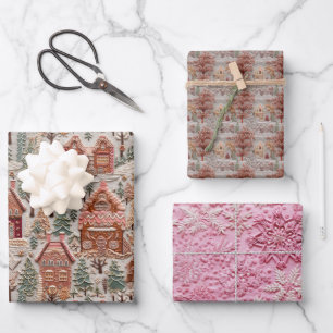 Vintage Christmas Emboidered Village Wrapping Paper Sheets