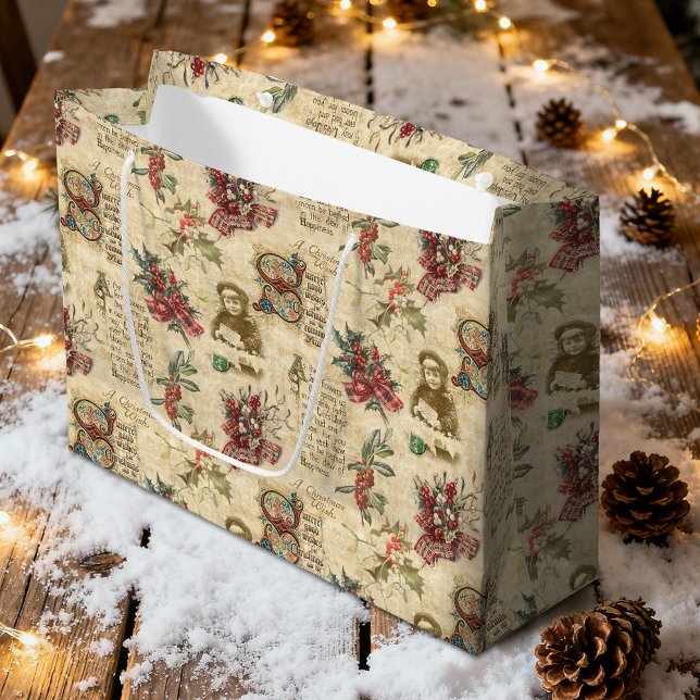 Vintage Christmas Ephemera, Holly & Ornate Text Large Gift Bag (Creator Uploaded)