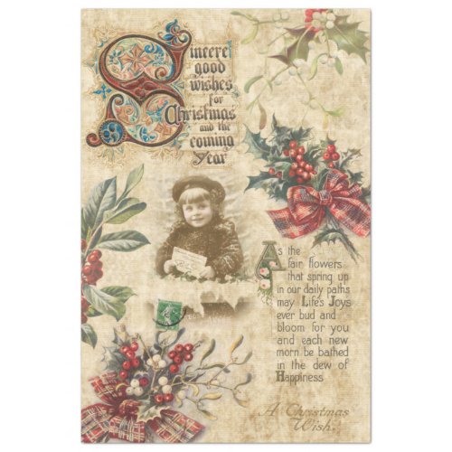 Vintage Christmas Ephemera Holly Ornate Text Tissue Paper