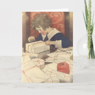 Vintage Christmas Eve, Girl Wrapping Presents Holiday Card