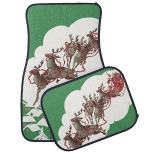 Vintage Christmas Eve, Retro Santa Claus in Sleigh Car Mat