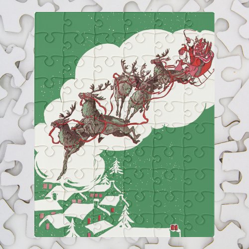 Vintage Christmas Eve Retro Santa Claus in Sleigh Jigsaw Puzzle