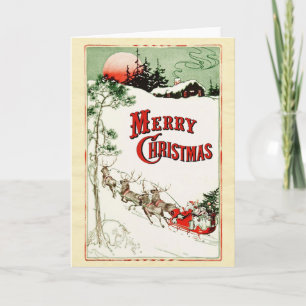 Vintage Christmas Eve Santa, Sleigh and Reindeer Holiday Card
