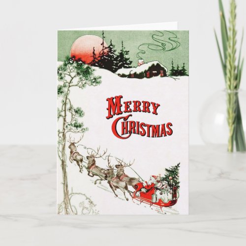 Vintage Christmas Eve Santa Sleigh and Reindeer Holiday Card