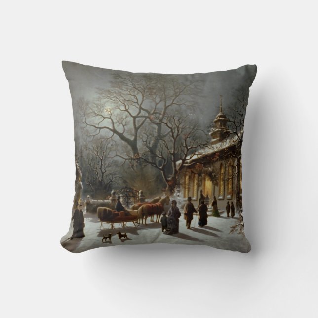Vintage Christmas Eve scene Throw Pillow (Front)