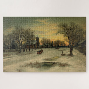 Vintage Christmas Eve Sunset Winter Landscape Jigsaw Puzzle