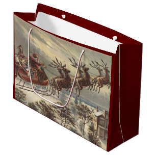 Vintage Christmas Eve Victorian Santa Claus Sleigh Large Gift Bag