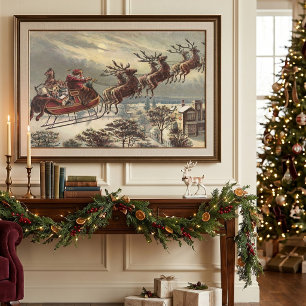 Vintage Christmas Eve Victorian Santa Claus Sleigh Poster