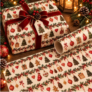 Vintage Christmas Evergreen Garland and Hanging Wrapping Paper