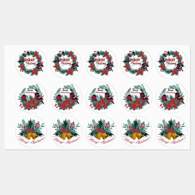 Vintage Christmas Evergreen Red Robin Poinsettia Labels (Sheet)