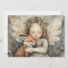 Vintage Christmas Fairy with Fox Whimsical Winter Holiday Card
