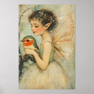 Vintage Christmas Fairy with Robin Whimsical Poster
