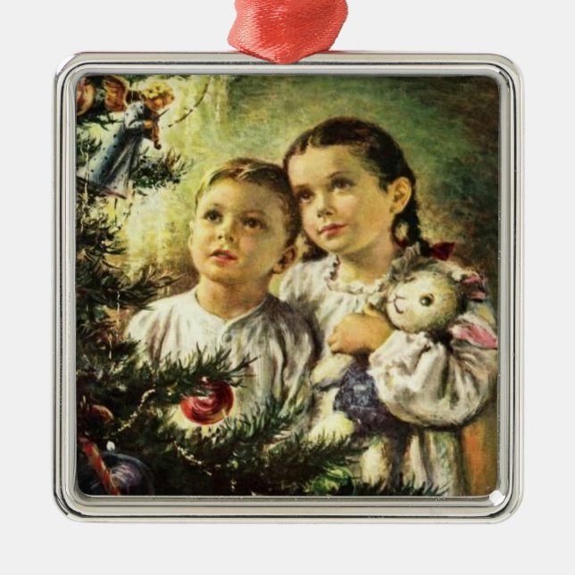 Vintage Christmas Family Brother Sister Metal Ornament (Front)