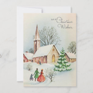 Vintage Christmas Family Church Winter Scene Holiday Card