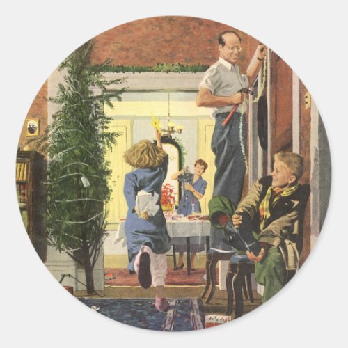 Vintage Christmas Family Decorating the House Classic Round Sticker