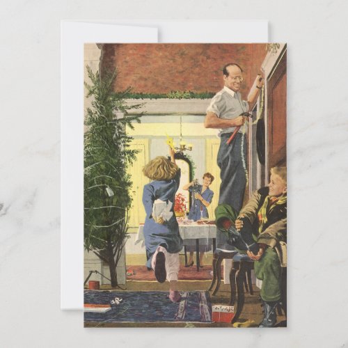 Vintage Christmas Family Decorating the House Holiday Card