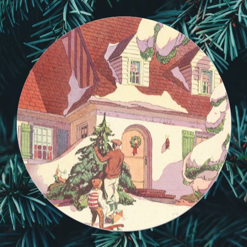 Vintage Christmas Family House in the Snow Classic Round Sticker