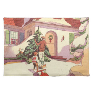 Vintage Christmas, Family House in the Snow Cloth Placemat