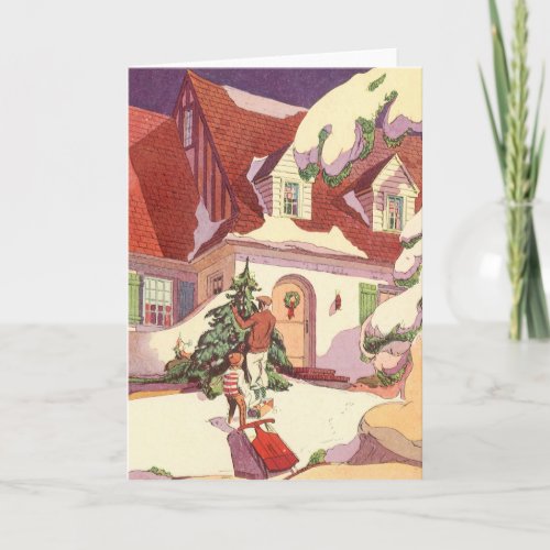 Vintage Christmas Family House in the Snow Holiday Card