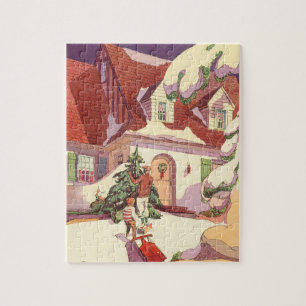 Vintage Christmas, Family House in the Snow Jigsaw Puzzle