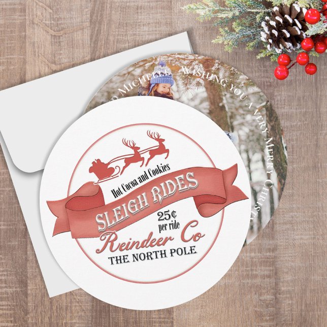 Vintage Christmas Family Photo Custom Invitation (This cute Christmas photo card with a vintage North Pole Sleight Rides Sign)