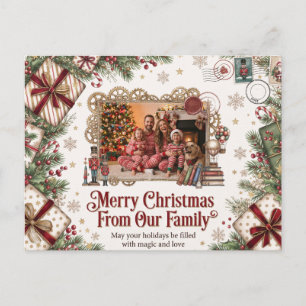 Vintage Christmas Family Photo Illustration Design Holiday Postcard