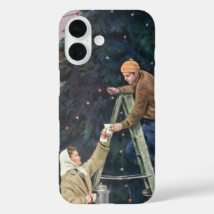 Vintage Christmas, Family Stringing Lights on Tree iPhone 16 Case
