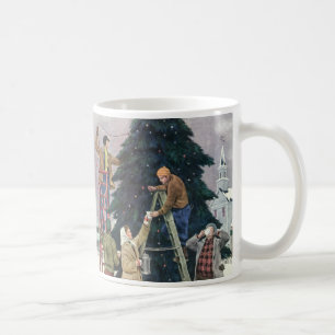 Vintage Christmas, Family Stringing Lights on Tree Coffee Mug