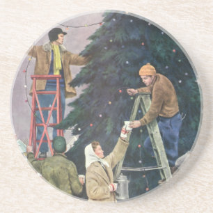 Vintage Christmas, Family Stringing Lights on Tree Drink Coaster