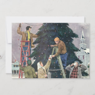 Vintage Christmas, Family Stringing Lights on Tree Holiday Card