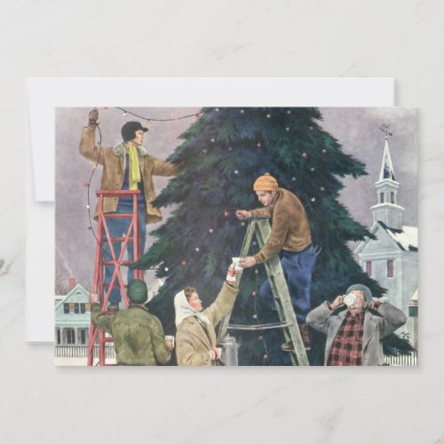 Vintage Christmas Family Stringing Lights on Tree Holiday Card