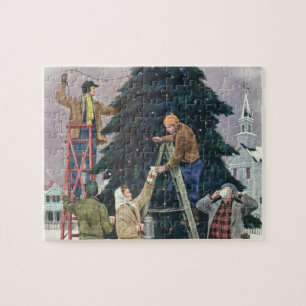 Vintage Christmas, Family Stringing Lights on Tree Jigsaw Puzzle