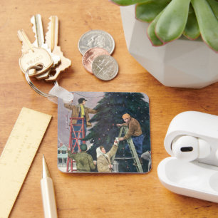 Vintage Christmas, Family Stringing Lights on Tree Keychain