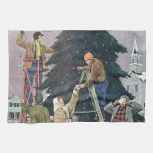 Vintage Christmas, Family Stringing Lights on Tree Kitchen Towel