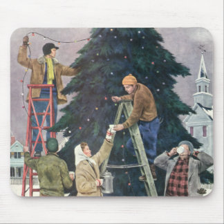 Vintage Christmas, Family Stringing Lights on Tree Mouse Pad