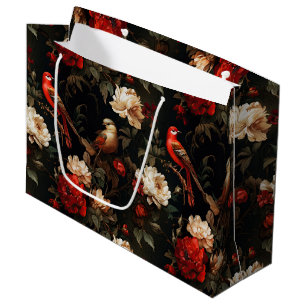 Vintage Christmas fantasy Floral Birds Pattern Large Gift Bag